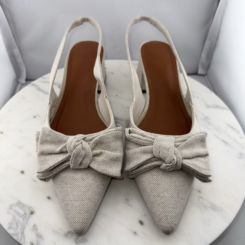 ASOS Suzy Bow Slingback Heels EU40 US9 Beige Fabric Pointed Toe Block Heel